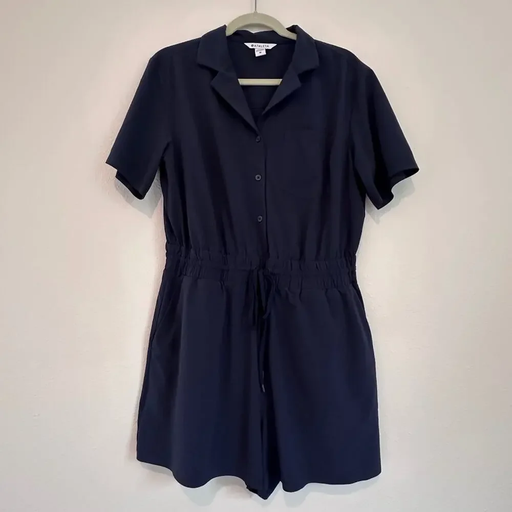 Athleta Avenue Short Sleeve Romper, Navy Blue, Size Medium - Picture 2 of 9